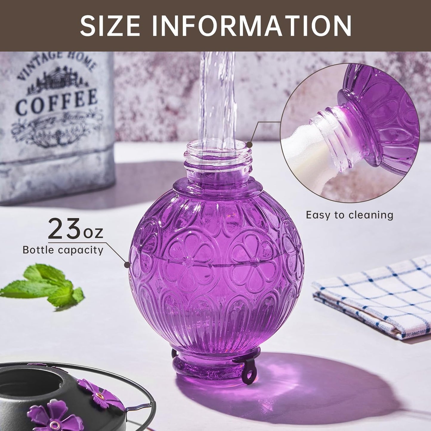 Glass Hummingbird Feeders for Outdoors Hanging, 23Oz Humming Bird Nectar Feeders with Perch, 5 Flower Feeding Ports, Leak Proof Base and Hook for Garden Decor, Gifts for Mom Women (Purple)