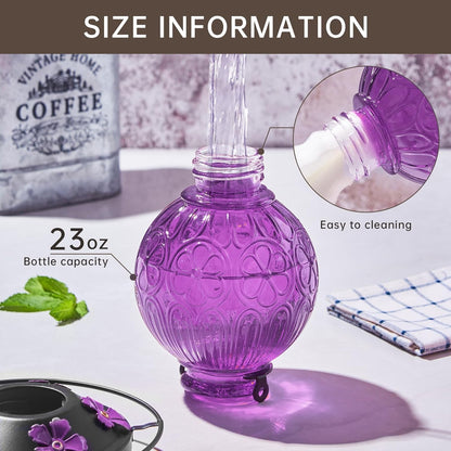 Glass Hummingbird Feeders for Outdoors Hanging, 23Oz Humming Bird Nectar Feeders with Perch, 5 Flower Feeding Ports, Leak Proof Base and Hook for Garden Decor, Gifts for Mom Women (Purple)