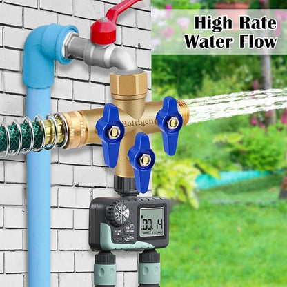 Boltigen 3 Way Garden Hose Splitter with Full Flow Port Heavy Duty Brass Water Hose Splitter 3/4'' GHT "+" Type Hose Connector Fitting Shut off Diverter Control Valve, for Outdoor Faucet Irrigation