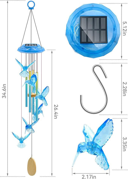 Hummingbird Solar Wind Chimes, Memorial Gifts for Mom, Glowing Top Color Changing Hummingbirds Moblie LED Wind Chime for Outside, Outdoor Home Party Garden Decor Light(Blue)