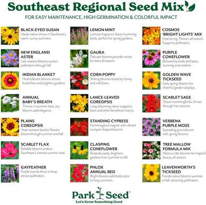 Park Seed Grow Your Own Vibrant Annual and Perennial Wildflower Garden Seeds Mixture, Easy to Grow Varieties for Pollinators and Spring Gardens - Southeast Regional Mix, 10 lbs