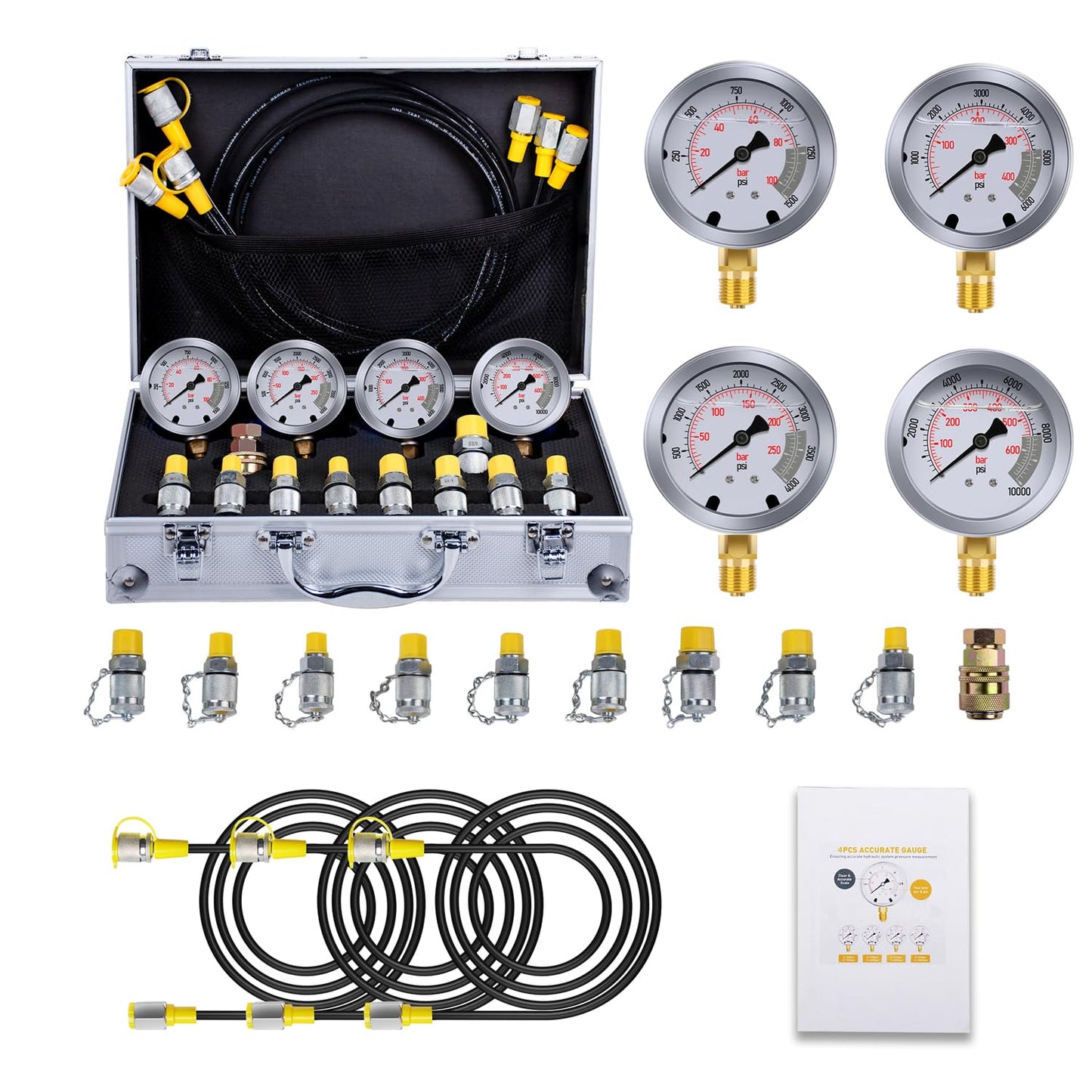 Hydraulic Pressure Test Kit with 4 Gauges (Max 10,000 PSI), 10 Test Couplings, 3 Test Hoses, Hydraulic Gauge Tester Set for Excavators, Construction Machinery, and Mining.