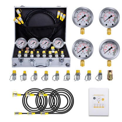 Hydraulic Pressure Test Kit with 4 Gauges (Max 10,000 PSI), 10 Test Couplings, 3 Test Hoses, Hydraulic Gauge Tester Set for Excavators, Construction Machinery, and Mining.