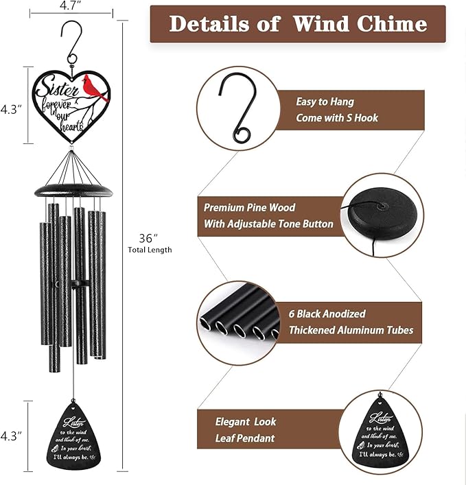 Memorial Gifts for Loss of Sister, 32" Cardinal Memorial Wind Chimes for Loss of Sister, Sympathy Wind Chimes Gifts in Memory of Sister