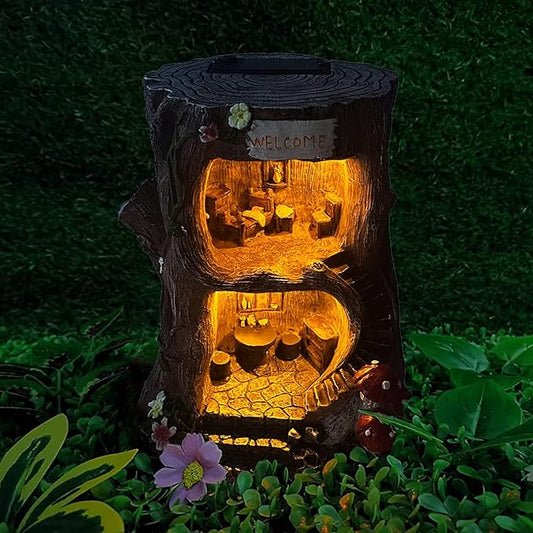 QWEWQE Tree House Solar Statue Outdoor Garden Statue with Solar Lights Fairy Tree House Indoor Outdoor Art Decoration Sculpture Lawn Ornaments for Patio Yard Outside Decorations
