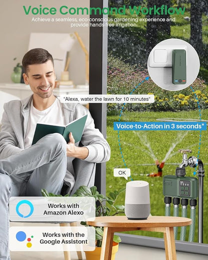 WiFi Water Timer 4 Zone for Garden Hose, Smart Sprinkler Timer with 984ft RF Range, Smart Lawn Watering System Irrigation Controller, APP/Voice Control, Rain Delay, Automatic/Manual Irrigation