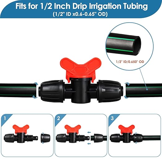 Drip Irrigation Shut Off Valve Fittings: 10 Piece Switch Valve for 1/2" Drip Irrigation Tubing (1/2" ID x0.6-0.65" OD) 16mm Barbed Locked Nut Connectors Cut Off Water Flow