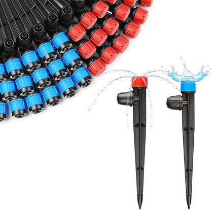 JAYEE Drip Irrigation Emitters Fan Shape with Stake Adjustable 360 Degree Water Flow Drippers for 1/4 inch Tube, 25Pcs Garden Sprayers + 25Pcs Sprinkler Drippers for Irrigation System Watering System