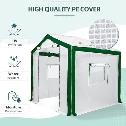 EAGLE PEAK 8x8 Portable Walk in Greenhouse with Polyester Reinforced Corners, Heavy Duty Instant Pop Up Indoor Outdoor Green House, Front Roll Up Zipper Entry Door and Mesh Windows, Green/White
