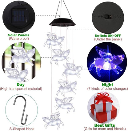 Color Changing LED Pigs Fly Wind Chimes Gift Portable Waterproof Mobile Romantic Fly Pigs Windchime, LED Solar Pig Wind Chime Lights Gift for Mom, Festival, Patio, Garden, Outdoor Decor(Black lid)