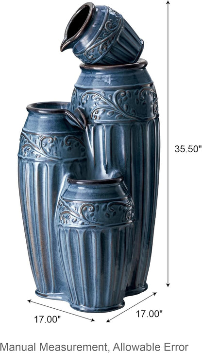 Glitzhome 35.5" H Oversized Outdoor Water Fountain with LED Lights and Pump, 4 Tier Turquoise Embossed Pattern Ceramic Pots Fountains, Cascading Standing Fountain for Porch Deck Garden Patio Backyard