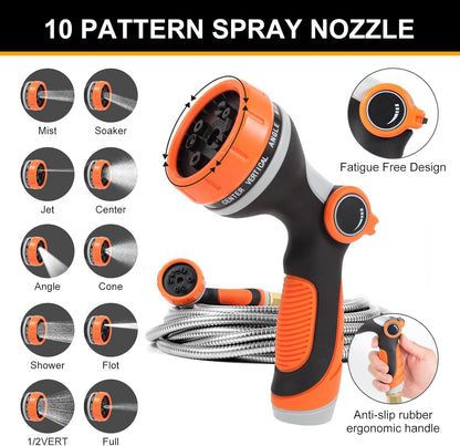 Metal Garden Hose 25ft Copper Bullet, Heavy Duty Stainless Steel Water Hose with 10 Function Sprayer Nozzle, Leaf-Proof Kink Free Lightweight for Outdoor,Yard,Lawn,Patio, Car