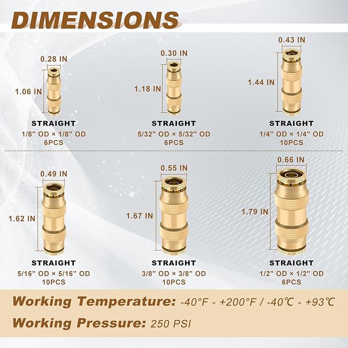 48pcs Quick Connect Brass DOT Air Line Fittings Straight Union 1/4” 3/8” 5/16” 5/32” 1/8” 1/2” Tube Push to Connect Fittings Air Suspension Fittings Straight Air Brake Union Push Lock Fittings