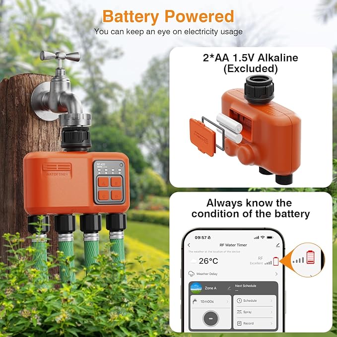 Smart WiFi Sprinkler Timer 4 Zone,WiFi Water Timer for Garden Hose with 984 FT Range,APP & Remote Control,Alexa & Google Voice Compatible,Rain Delay, Manual Mode Sprinkler System
