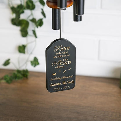 Memorial Wind Chime Personalized with Name & Date, in Loving Memory - Sympathy Gifts - Keepsake Loss of Beloved One - Listen to The Wind and Think of Me Wind Chime - Black