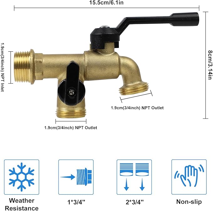 Outdoor Double Taps Water Faucet, Wall Mounted Garden Two 3/4 inch Brass Ball Valves Water Tap Splitter, Frost-Proof Outside Spigot Replacement with 2 Outlets for Home, Balcony, Hose Connector