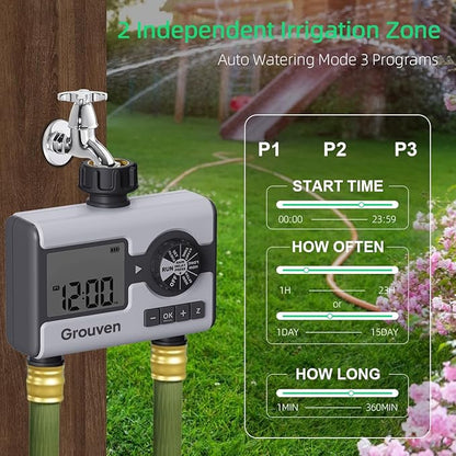 2 Outlet Sprinker Timer with Brass Inlet, Programmable Hose Faucet Water Timer for Garden Hose, Rain Delay, Manual, Automatic Watering System for Garden, Yard