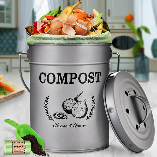 AOSION Countertop Compost Bin Kitchen,Odor Resistant Indoor Compost Bin with Lid and Compost Bags,Compost Bucket Composter Container for Food Waste,Grey
