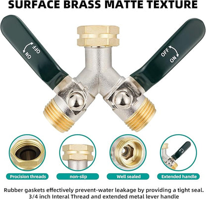 Hose Splitter 2 Way, Brass High Flow Garden Hose Splitter Heavy Duty, Hose Connector, Water Spigot Splitter, Full Flow Faucet Splitters with shutoff, 3/4” GHT Inlet