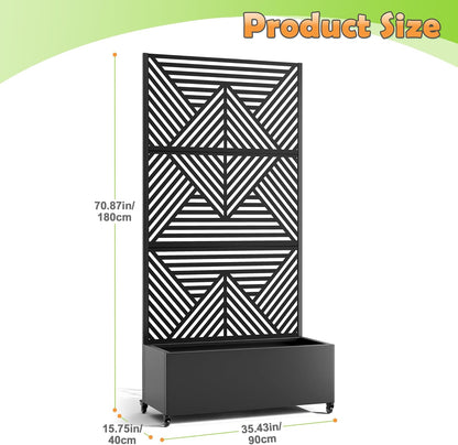 Metal Raised Garden Bed with Trellis, 2-in-1 Planter Box & Privacy Screen for Climbing Plants, Outdoor Standing Flower Bed with Drainage Holes, 35.4" L x 15.7" W x 70.1" H, Black-Zodiac