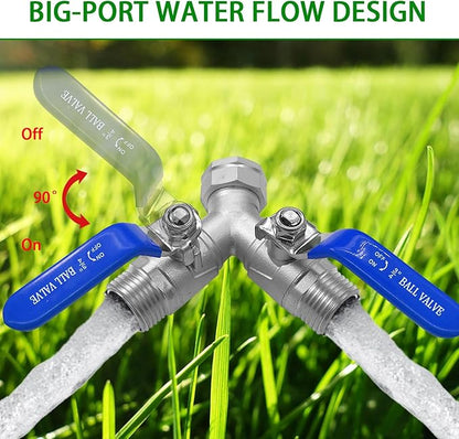 Garden Hose Splitter 2 Way 3/4" GHT Thread Heavy Duty 304 Stainless Steel Y Valve Water Hose Splitter With Long Handle