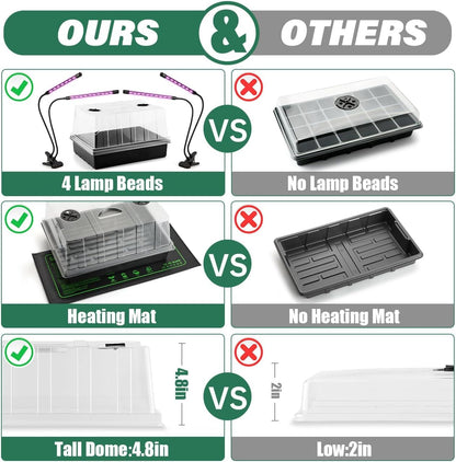 Seed Starter Trays with LED Lights and Heat Mat - 4p Seedling trays with 5" Higher Humidity Domes, 2p Flexible Grow Lights and 2p Constant Temperature Heating Mats, Propagation Tray for Planting Seed