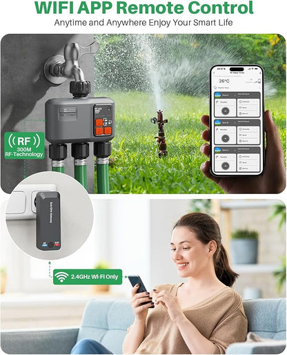 WiFi Sprinkler Timer 3 Zone with 984 Feet RF Gateway, 3 Outlet Smart Water Timer for Garden Hose with Rain Delay/Manual/Automatic,WiFi Water Hose Timers for Garden & Lawns
