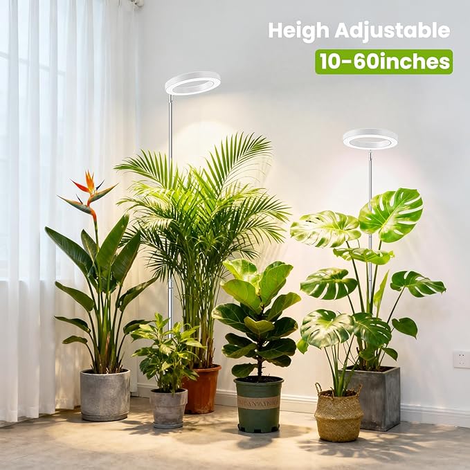 White Grow Light, Full Spectrum LED Plant Lights for Indoor Growing with 6/12/16H Timer, 3 Color Modes, 5 Brightness, 10"-65" Height Adjustable Growing Lamp for Large Indoor Plants, 2 Pack