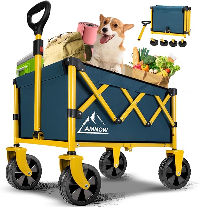 Collapsible Wagon Cart with Wheels Foldable, Folding Wagons Carts with Silent Universal Wheels, Large Grocery Cart On Wheels, Heavy Duty Utility Wagon for Shopping Beach Sports Fishing Camping, Green