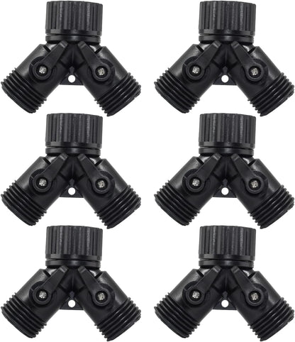 6 Pcs 2 Way Hose Adapter Y Valve Garden Hose Connector Non Rust Spigot Faucet Adapter, 3/4 Garden Hose Y Connectors Plastic Hose Splitter with Faucet Watering Shut Off Valves (Black)
