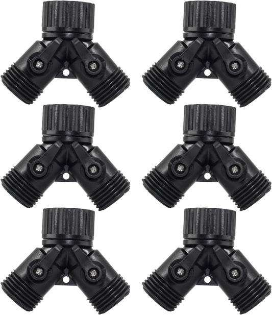 6 Pcs 2 Way Hose Adapter Y Valve Garden Hose Connector Non Rust Spigot Faucet Adapter, 3/4 Garden Hose Y Connectors Plastic Hose Splitter with Faucet Watering Shut Off Valves (Black)