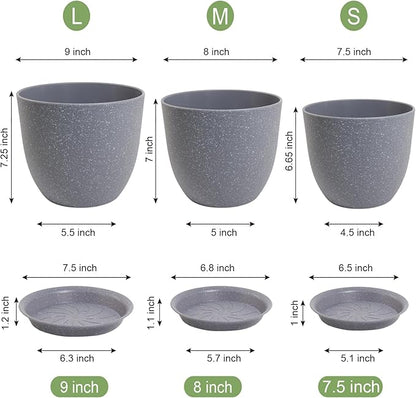 Flower Pots 9/8/7.5inch, Set of 3 Modern Decorative Plastic Planters with Drainage Holes and Saucers for Garden House Plants, Plant Pots for Indoor Outdoor Plants, Speckled Grey