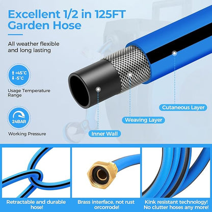 Retractable Garden Hose Reel, 1/2" x 131FT Heavy Duty Automatic Retractable Hose Reel Wall Mount, with 10- Function Sprayer Nozzle, Any Length Lock/Auto Rewind/180°Swivel