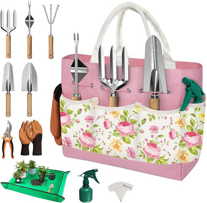 22PCS Garden Tools Set for Women,Heavy Duty Hand Tool Kit Included Handy Tote Bag/Trowel/Repotting Mat/Rake/Pruner/Gloves/Plant Tags,Garden Supplies Gardening Gifts for Beginner Mom-Pink