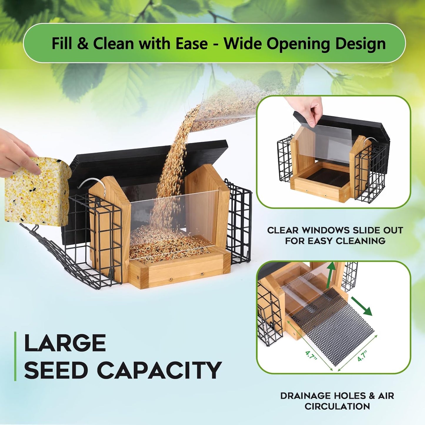 Hopper Bird Feeder for Outdoors Hanging, Wooden Bird Feeder with Double Suet Cage and Large Seed Capacity, Cedar Wood Suet Feeder with Weatherproof Roof, Garden Decoration