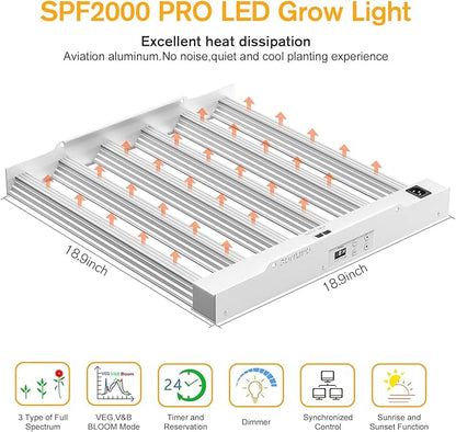 2024 New SPF2000 PRO 200W LED Grow Light 3x3ft Coverage with Veg & Bloom Dimmer Timer Full Spectrum Grow Lamps for Indoor Plants Seeding Flowering LED Plant Light Fixture