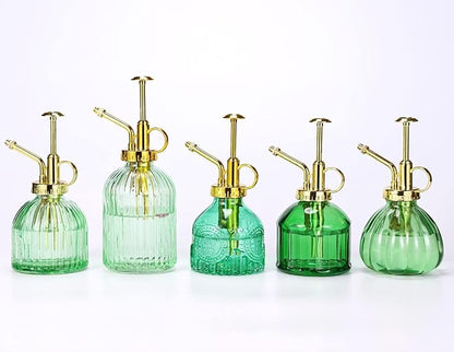 Glass Plant Mister Spray Bottle, 7.5" Green Glass Water Spray Bottle with Gold Top Pump Small Watering Can, Small Plant Sprayer Mister for Indoor Outdoor House,(Green+Gold E)