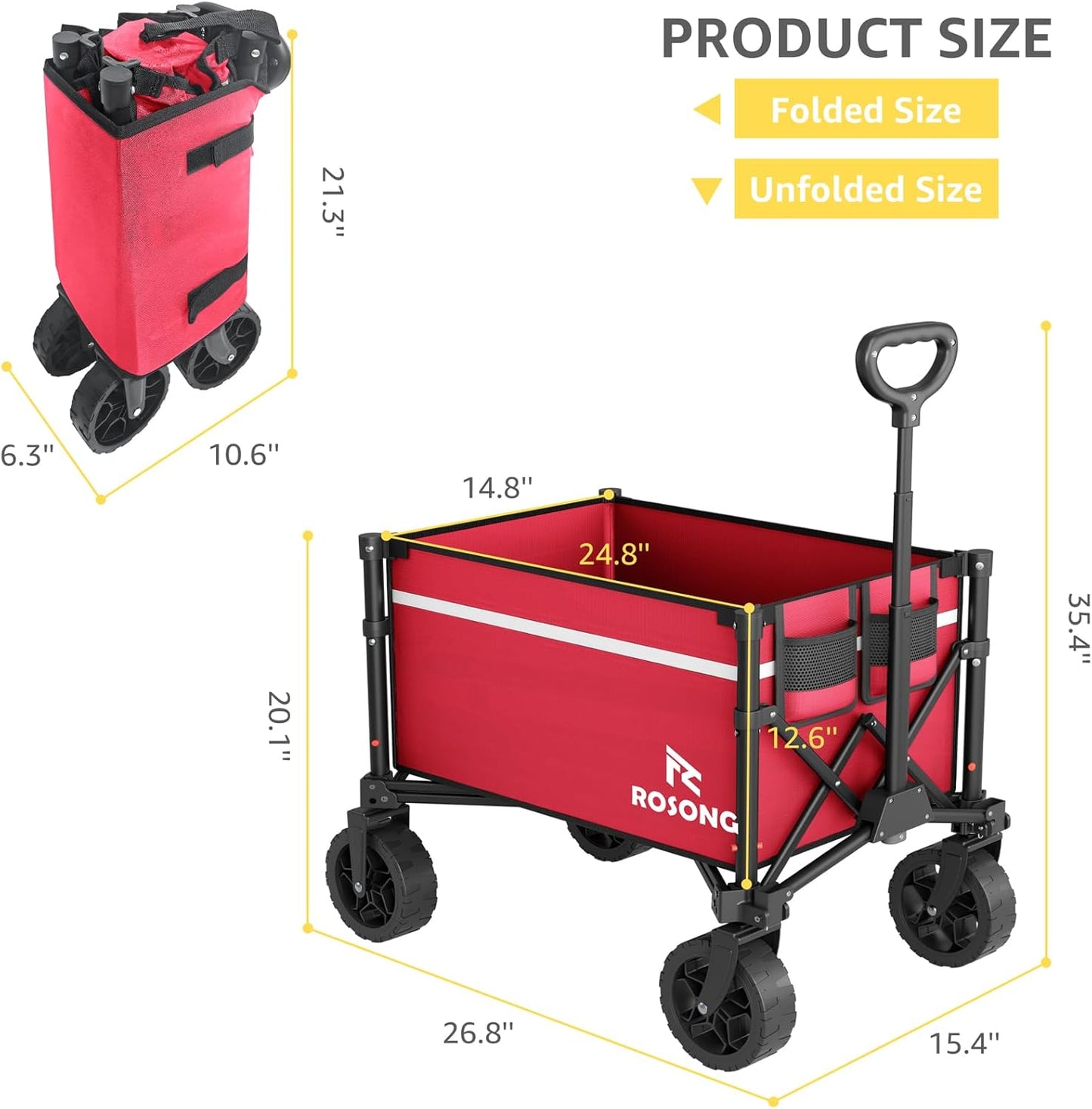 Collapsible Wagon Cart with Wheels Foldable - Folding Utility Heavy Duty Wagons Carts for Grocery Sports Garden Shopping Camping Wheelbarrows (Burgundy, 90L)