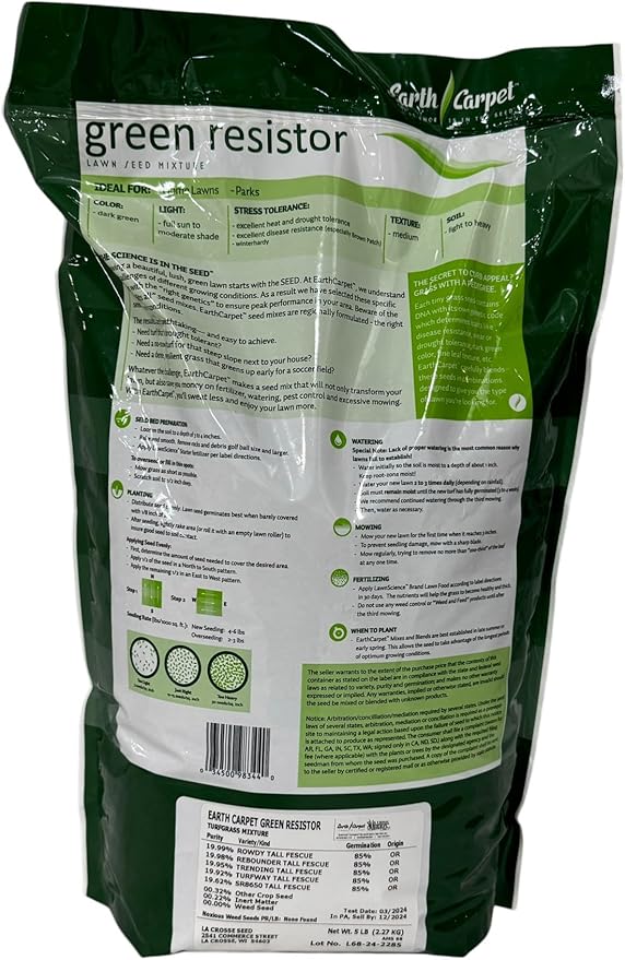 Lawn Green Resistor Turfgrass Mixture, Medum-Textured Turf, Drought and Disease Resistant, 5 lbs