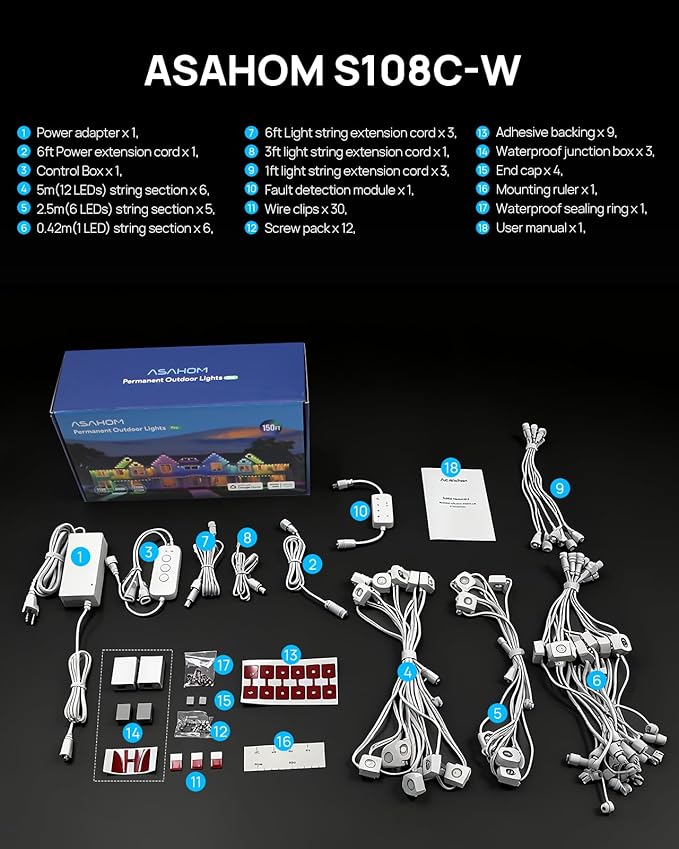 ASAHOM Permanent Outdoor Light Pro S108C, 150FT with 108 RGBCW 70lm LED, WLED Integration, AI Lighting, 30000 Lighting Effect Combination, IP67 Waterproof for Halloween Christmas Daily Decor, White