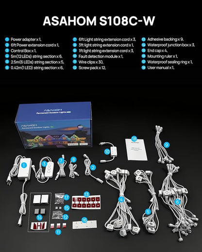 ASAHOM Permanent Outdoor Light Pro S108C, 150FT with 108 RGBCW 70lm LED, WLED Integration, AI Lighting, 30000 Lighting Effect Combination, IP67 Waterproof for Halloween Christmas Daily Decor, White