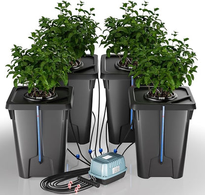 4 Buckets DWC Hydroponics Growing System with Top Drip Kit 7 Gallon Deep Water Culture Bucket System with Air Pump, Air Stone, Air Hose, Recirculating Drip Garden System