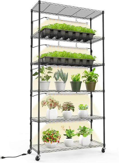 Bstrip Plant Shelf with Grow Light, Metal Plant Stand with Adjustable Rack and Wheels, 5 Pack T8 Full Spectrum Grow Light Strip for Indoor Plants, Seed Starting, Seed Tray, 35.4"x13.8"x71"
