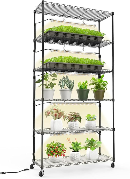 Bstrip Plant Shelf with Grow Light, Metal Plant Stand with Adjustable Rack and Wheels, 5 Pack T8 Full Spectrum Grow Light Strip for Indoor Plants, Seed Starting, Seed Tray, 35.4"x13.8"x71"