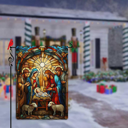 O Holy Night Garden Flag Jesus Birth Nativity Night Small Flag for Outside Stained Glass Style Burlap Double Sided Welcome Yard Lawn Winter Decor 12.5x18"