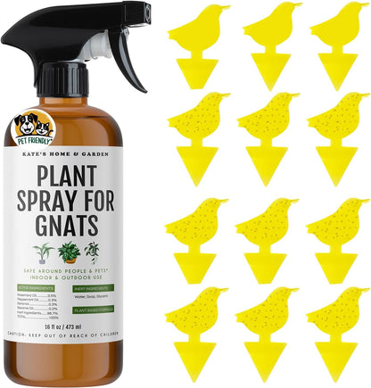 Kate's Home & Garden Plant Spray for Insects & Getting Rid of Gnats with 12 Sticky Traps. Fungus Gnat Killer & Bug Spray for Indoor Plants (16oz, Peppermint, Pet Safe, Non Toxic)