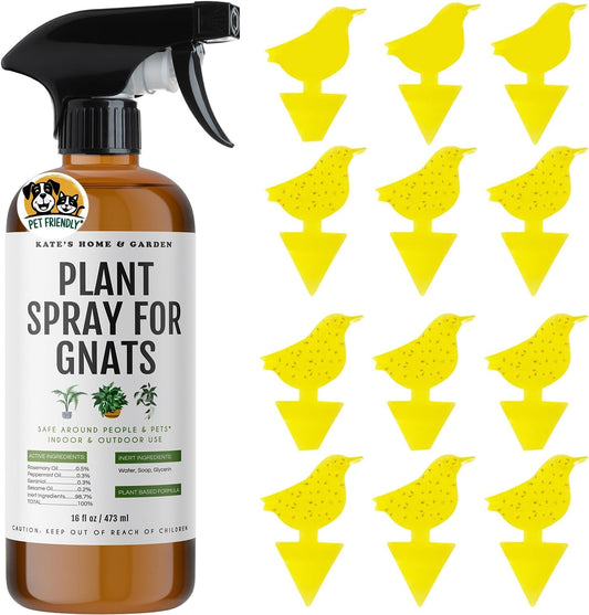 Kate's Home & Garden Plant Spray for Insects & Getting Rid of Gnats with 12 Sticky Traps. Fungus Gnat Killer & Bug Spray for Indoor Plants (16oz, Peppermint, Pet Safe, Non Toxic)