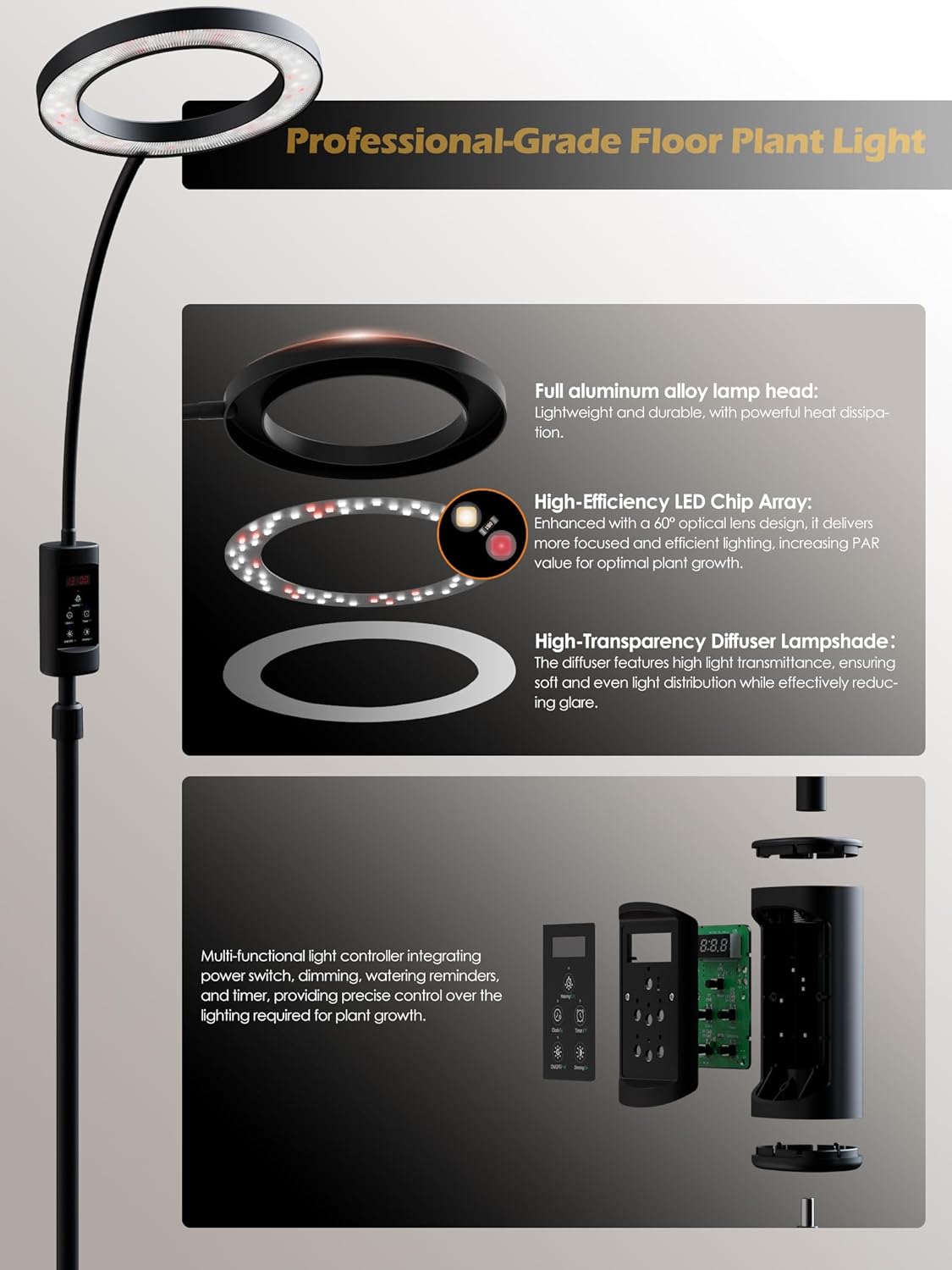 Smart Grow Lights for Indoor Plants,24W Plant Light with Auto-Timer,Full Spectrum LED Grow Light, Adjustable Height & Stepless Dimming,Plant Assistant Suitable for Most Plants (Black, 24W)