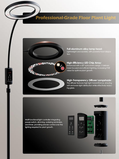 Smart Grow Lights for Indoor Plants,24W Plant Light with Auto-Timer,Full Spectrum LED Grow Light, Adjustable Height & Stepless Dimming,Plant Assistant Suitable for Most Plants (Black, 24W)