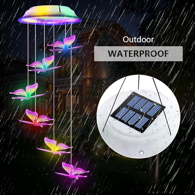 Fohil Solar Butterfly Wind Chimes, Color Changing Solar Wind Chimes for Outside, LED Waterproof Solar Powered Hanging Lights Outdoor Valentine Decorations, Gifts for Women Mom Grandma